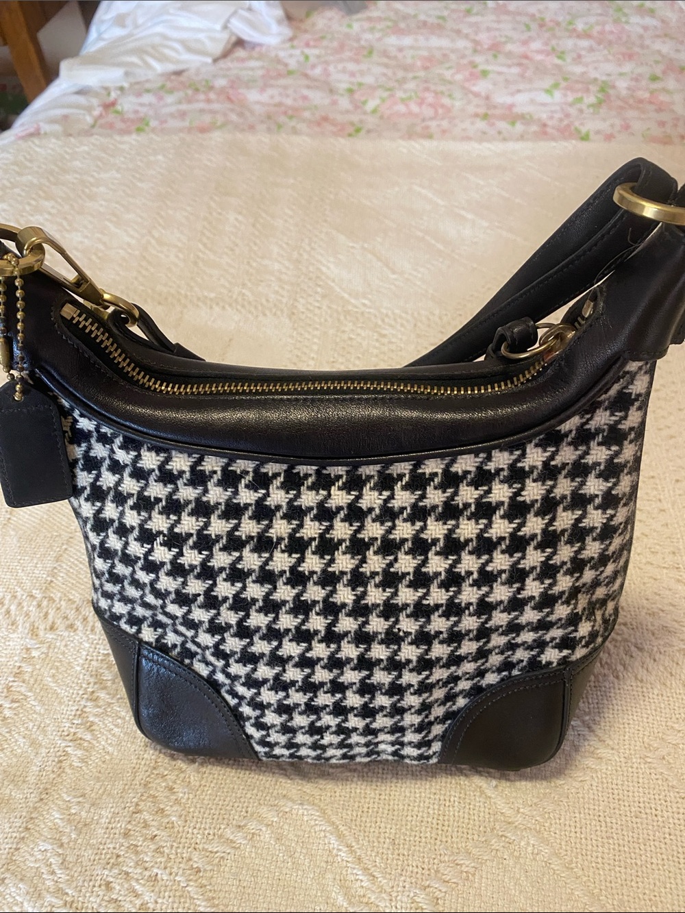 Coach Black & White Houndstooth Mini Bag with Gold Hardware